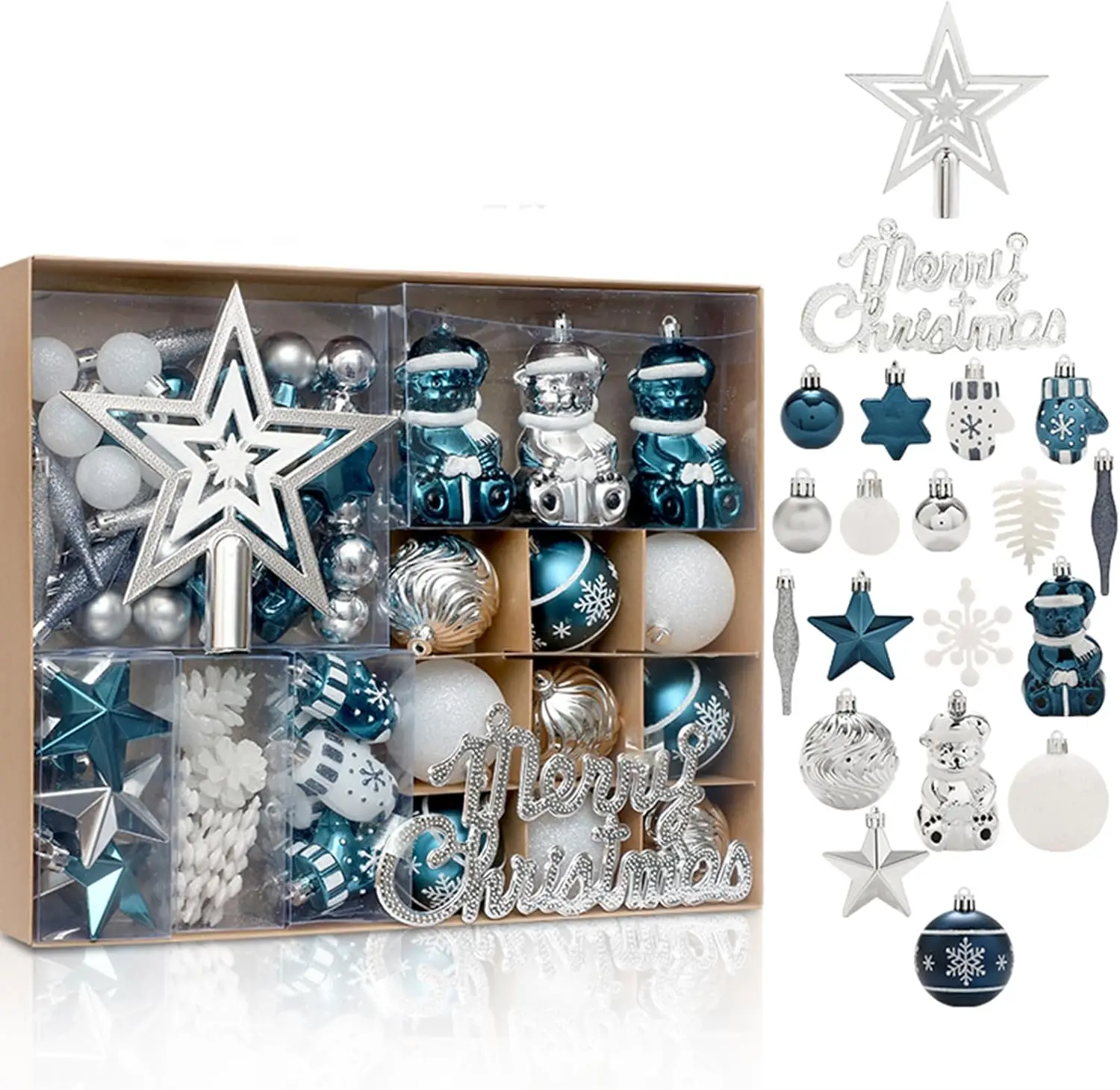 70PCS Christmas Ball Ornaments Set, Shatterproof Blue Silver Tree Hanging Ornaments and Merry Christmas Sign Top Tree Toppers