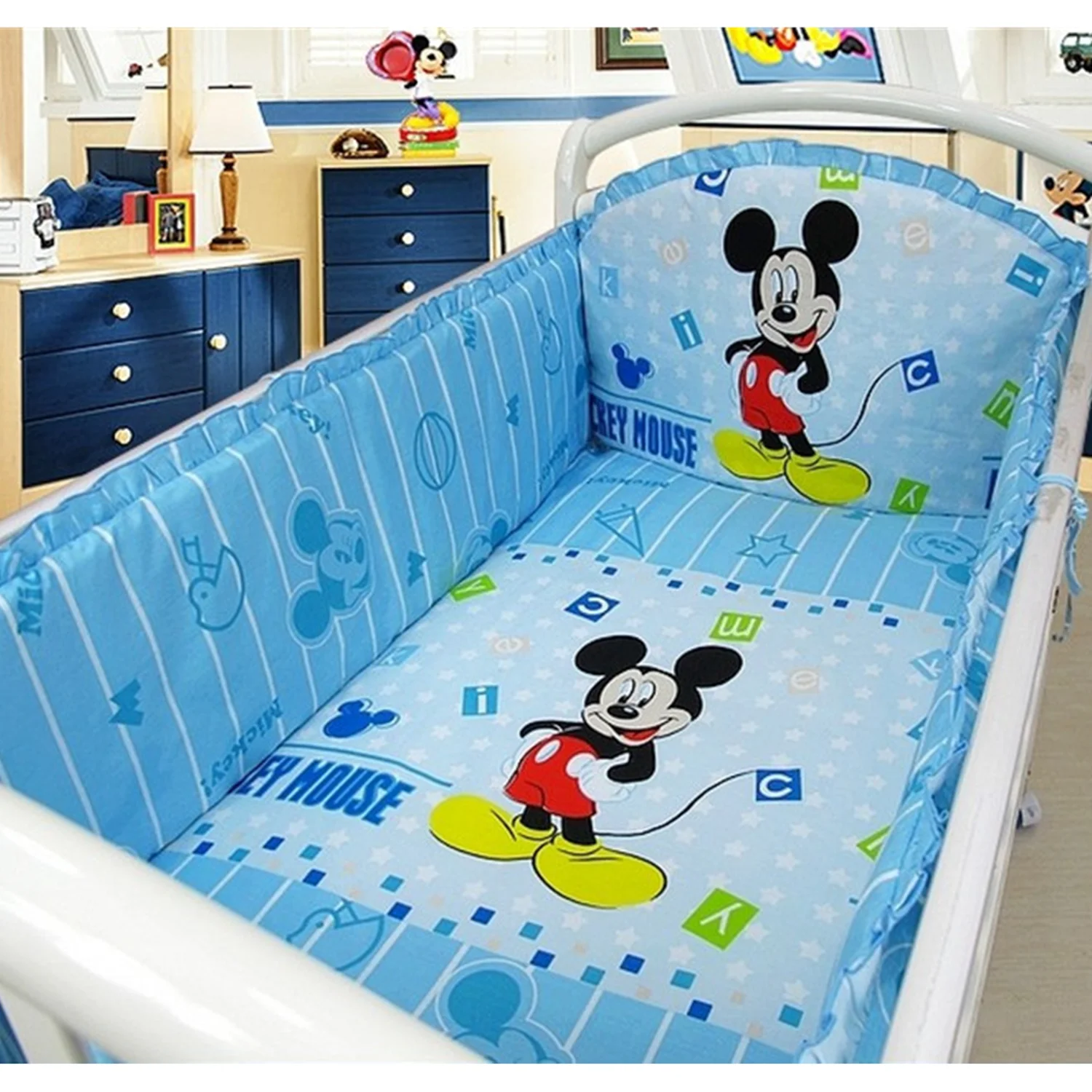 6Pcs Mickey Mouse Cotton Baby Bedding Set Crib Sets Cot Bumper Baby Cot Bedding Sets (4bumper+sheet+pillowcase)