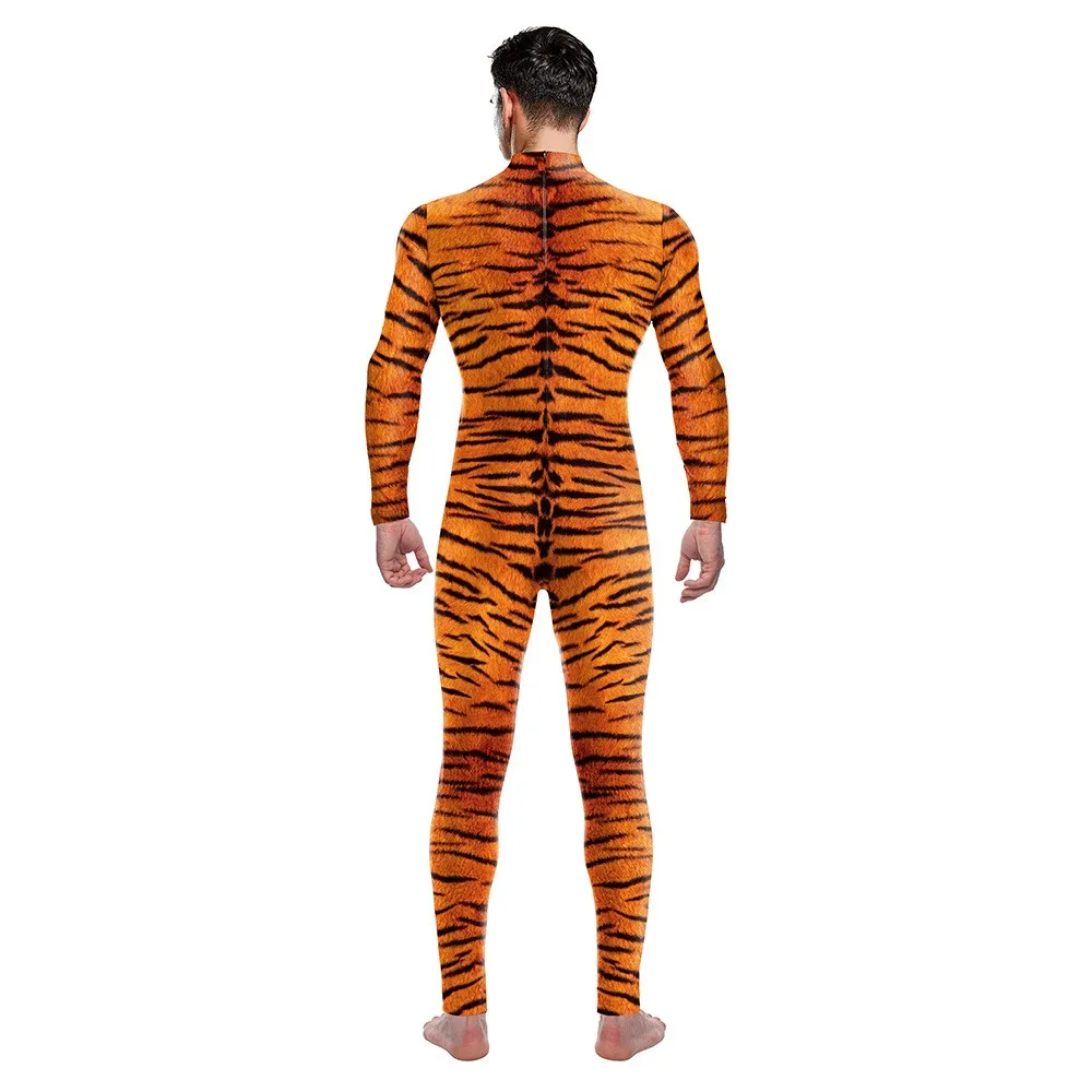 Body mit Tigermuster, Performance-Kostüm, elastisches, eng anliegendes Outfit, Halloween-Anzug mit Tierapfen für Männer und Frauen