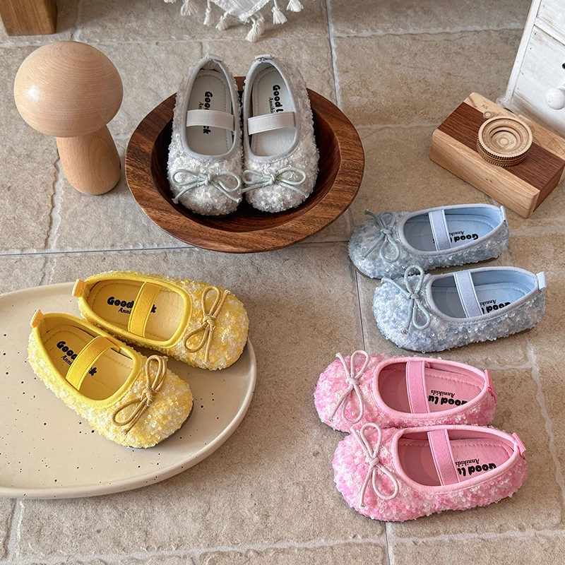 Girls Sequin Mary Jane Shoes with Bow-knot Soft Sole Anti-slip Children Flats Princess Shoes Kids Party Dress Shoes Size 21-30