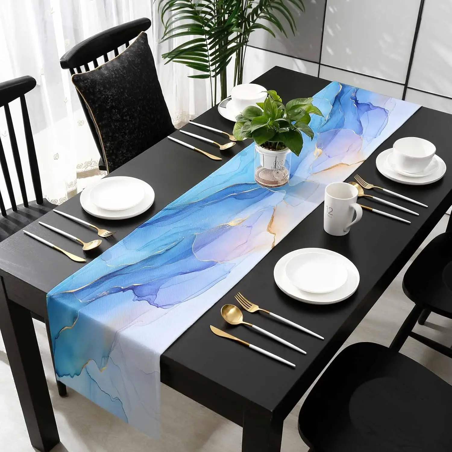 Blue Marble Linen Table Runner Home Decorations Aesthetics Ombre Pink Luxury Gold Table Runners Kitchen Dining Table Party Decor