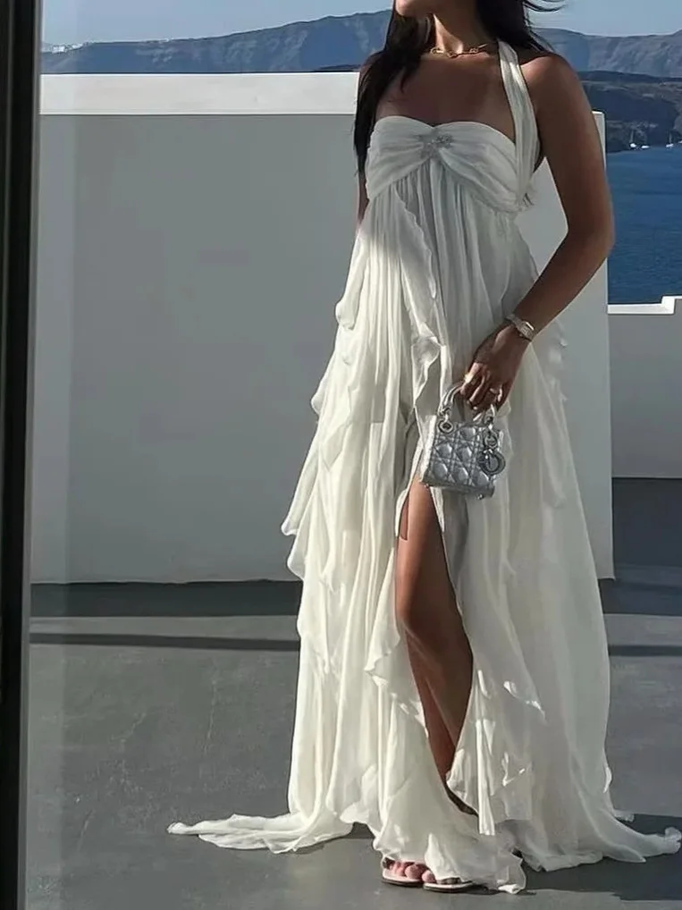 Romantic Beach Lace Dr ter Ne Tassel Trim Bustier Gown Sweet Sle High Waist Long Skirt No Sve Summer Faion