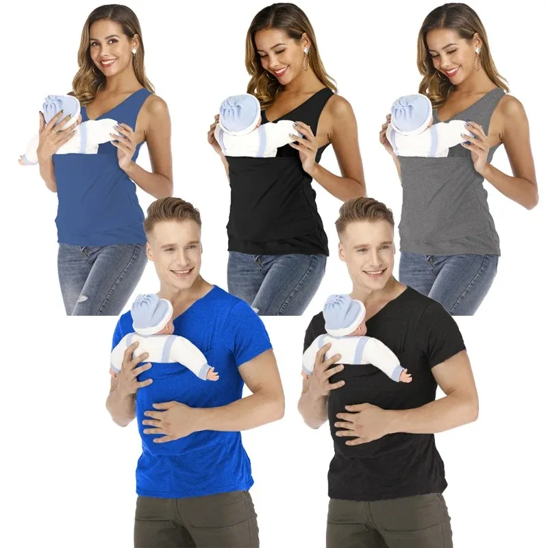 

Safety Kangaroo Pocket T-Shirt Baby Carrier Summer Pregnancy Clothes Mother Father Short Sleeves Tops Feeding Nylon Cotton Tees