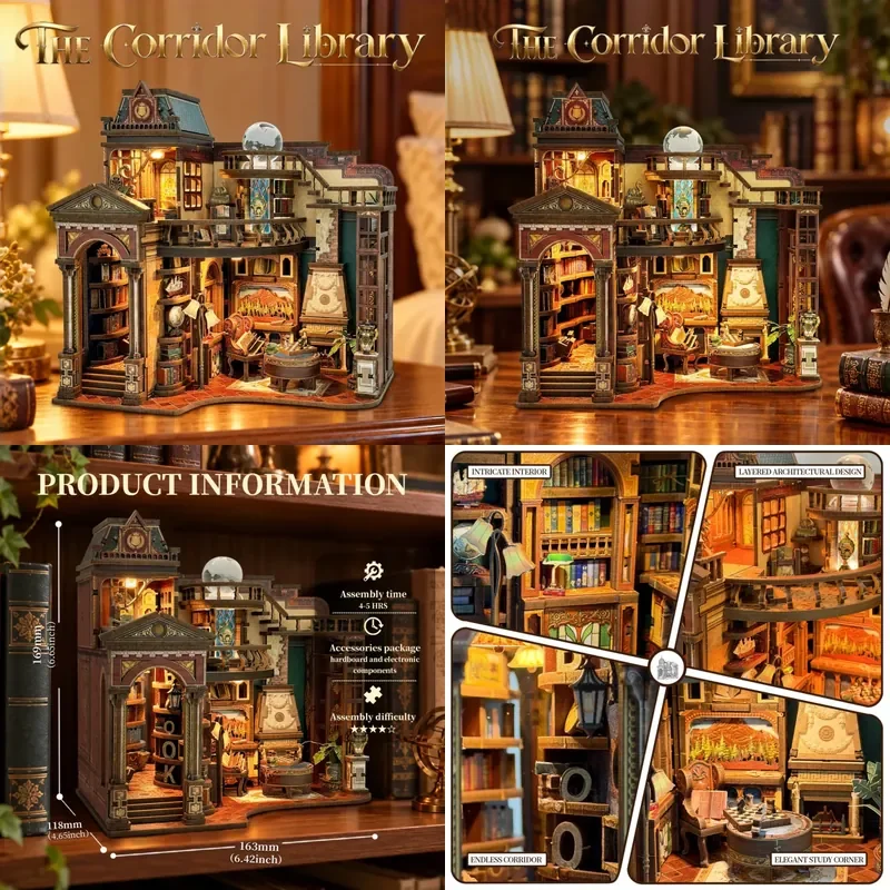 DIY Wooden Book Nook Kit Miniature Library Cottage Dollhouse with Figurines Mini Casa Bookshelf Insert Decor Birthday Gift