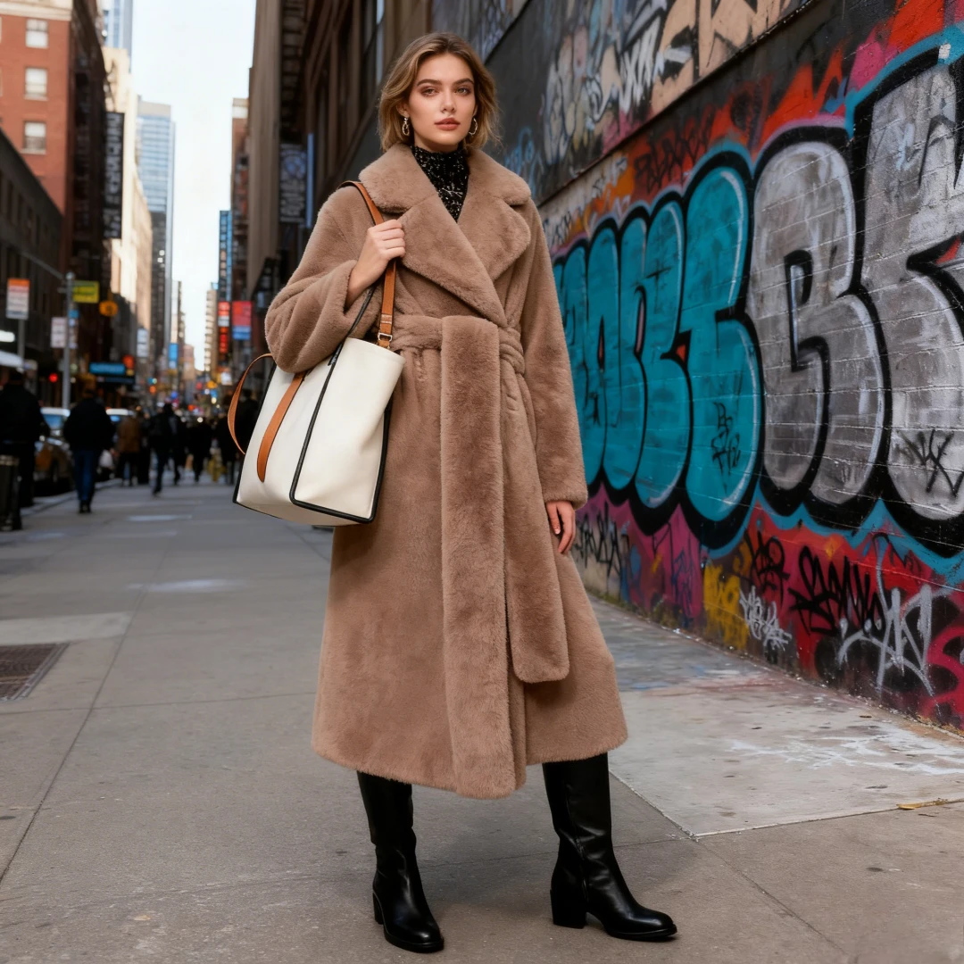 フェイクファーマキシジャケット レディース 厚ベルト付き 秋冬コート ロング丈 暖かい Y2K ラグジュアリーベルトファー ブラックパーカー ボンタージュ ファーリーアウターウェア