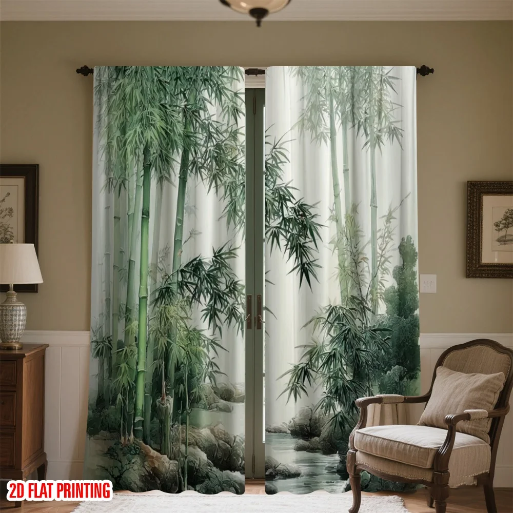 

2pcs Bamboo Forest Curtain Ink Wash Painting Print Window Drape Bedroom Living Room Blackout Thermal Zen Nature Art Decor
