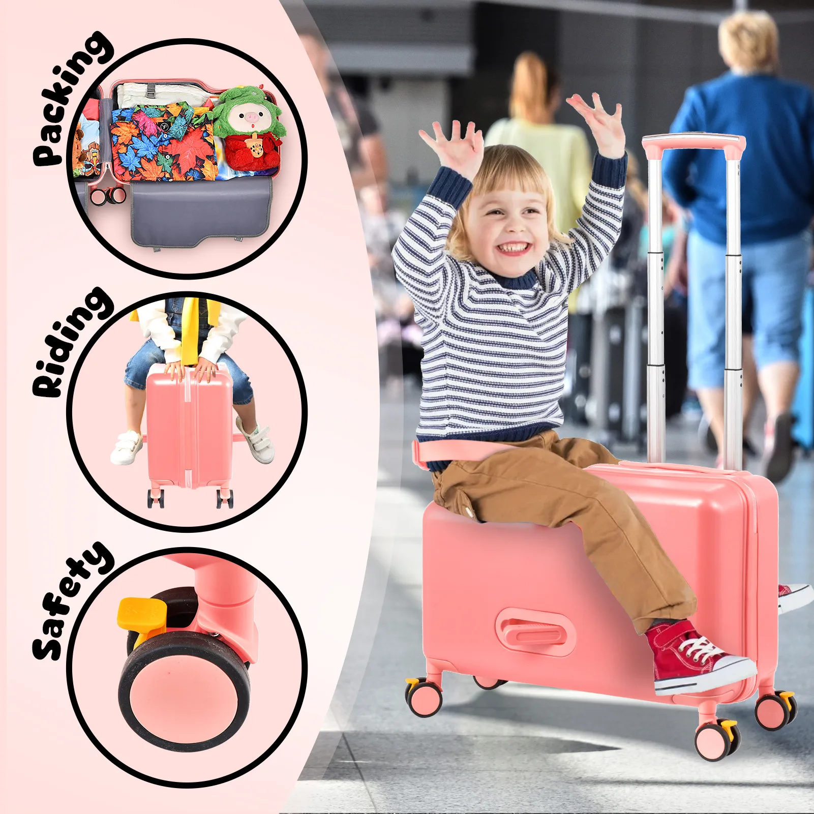 حقيبة سفر للأطفال مقاس 20 بوصة حقيبة سفر مع دواسة قدم وعجلات وعربة أطفال آمنة