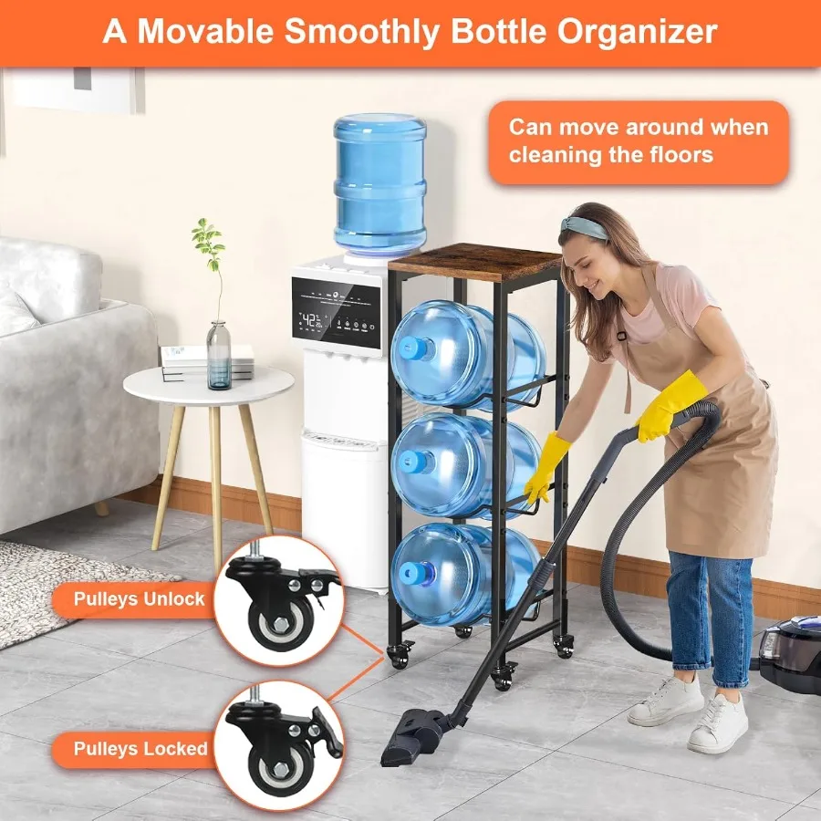 5 Gallon Water Bottle Jug Holder 3-Tier Water Bottle Holder Organizer with Lockable Casters Heavy Duty Water Storage Rack Water