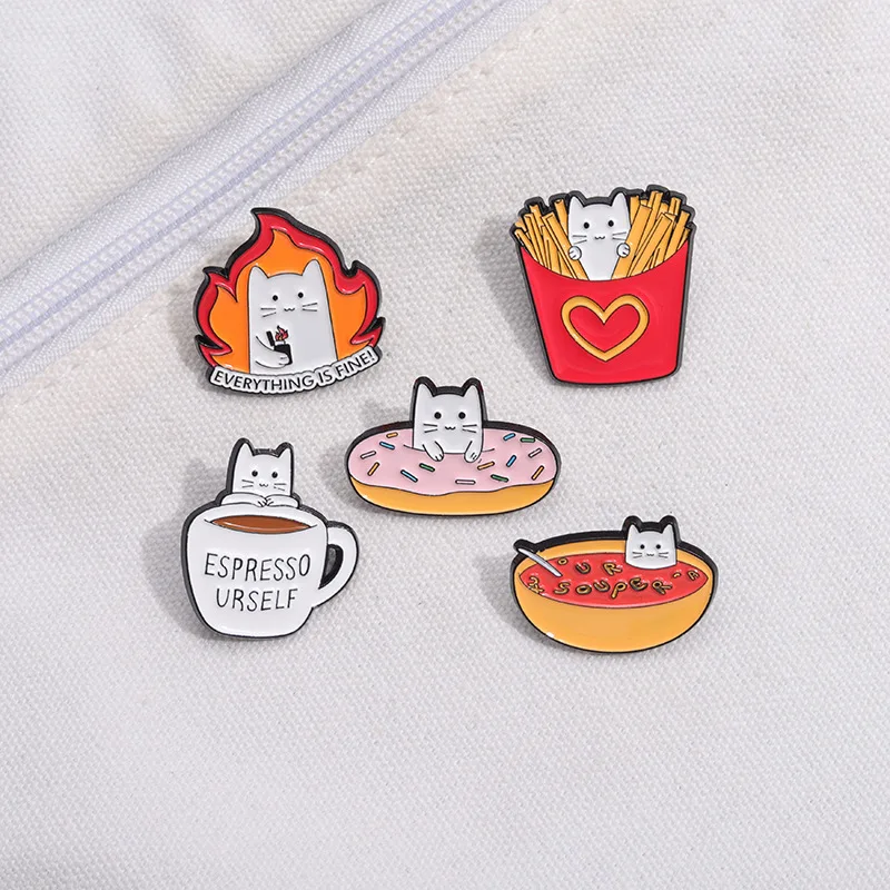 Cute Cartoon Food Cat Enamel Brooch Creative Animal Espresso Urself Fries Donut Kitten Lapel Pin Badge Gift For Kid Friend