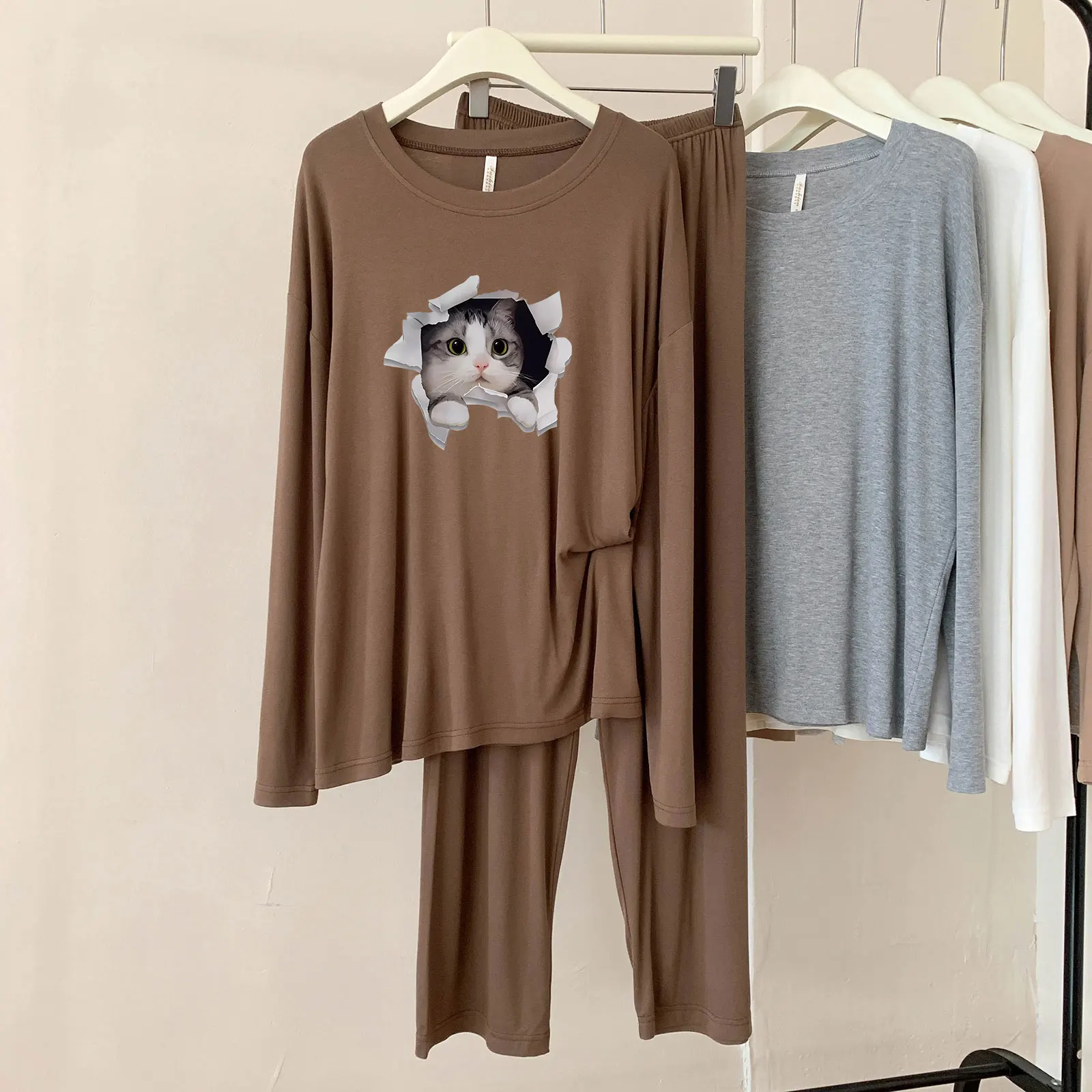 

A86 модальные пижамы женские весенне-осенние новые повседневные дышащие комплекты домашней одежды в клетку с круглым вырезом и длинными рукавами