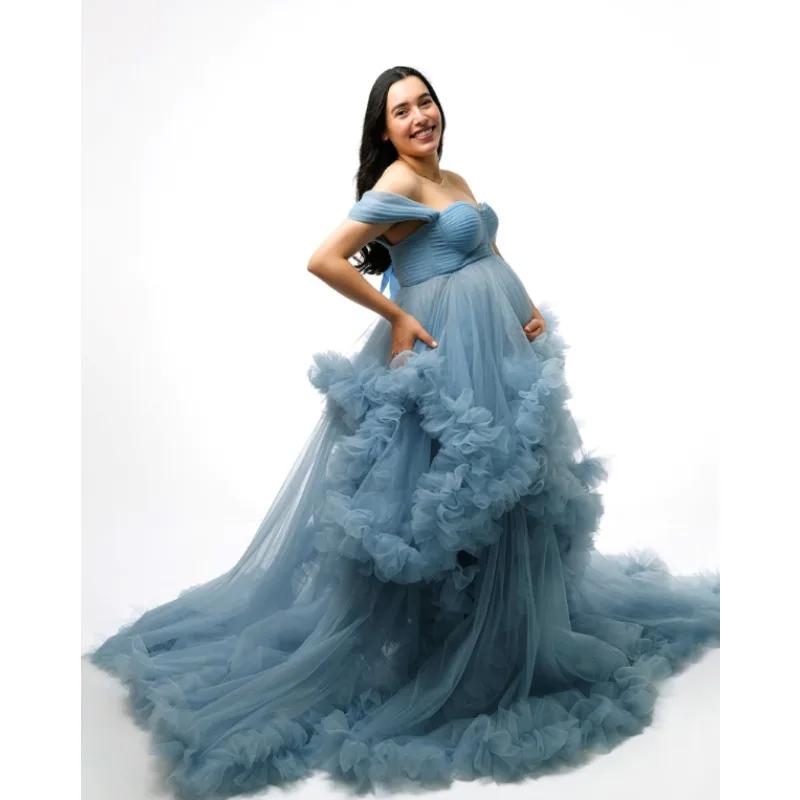 Pregnancy Gown for Photo Shoots | Bridal Robe with Flowy Tiered Tulle Skirt | Maternity Wedding & Prom Dress baby shower view 3