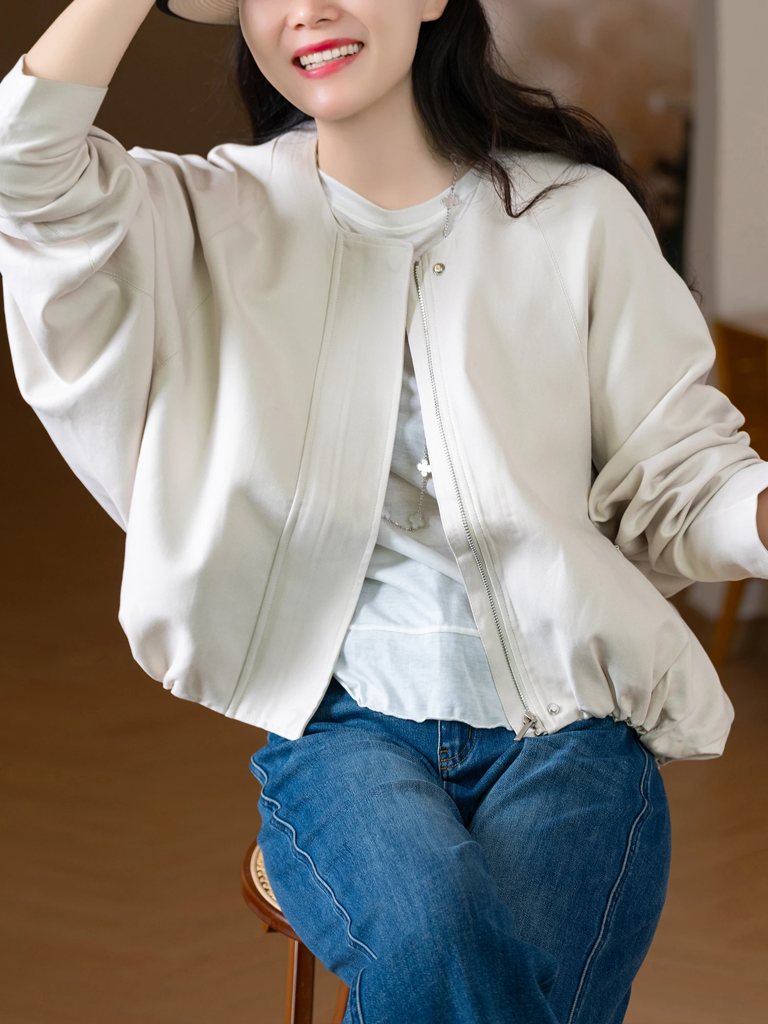 

Свободное пальто с круглым вырезом и молнией из хлопка и лиоцелла Lenzing, дышащее, с длинными рукавами, женское, повседневное