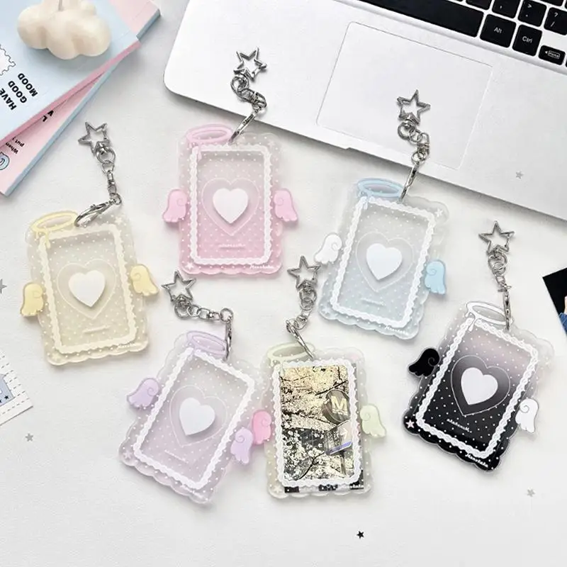 New 1Pcs Cartoon Angel Wing Star Keychain 3 Inch Transparent Acrylic Photocard Holder For Kpop Photos ID Cards