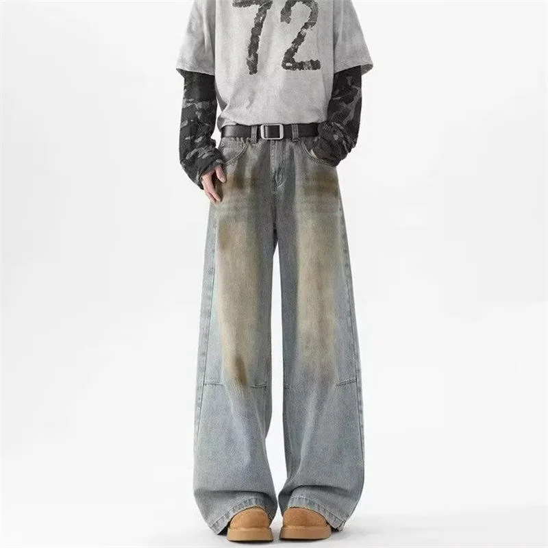 

American Retro Distressed Straight Wide Leg Jean For Men 2025 New Hip Hop Fashion Denim Trousers Blue Washed Y2K Streetwear Jean