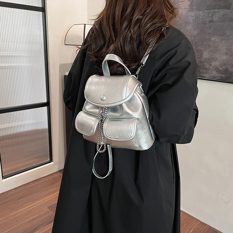 LEFTSIDE Women Retro Small Double Pockets PU Leather Backpacks 2024 Winter Y2K Korean Fashion Backpack Lady Travel Back Packs