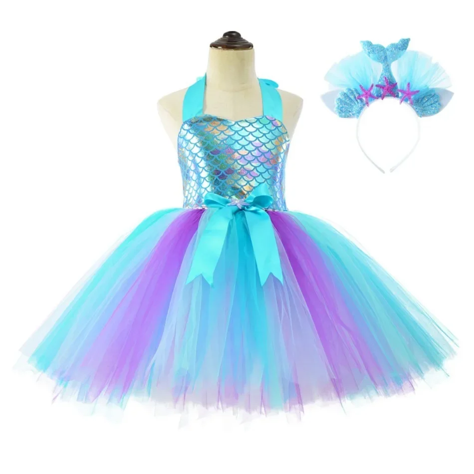 Little Mermaid Princess Dresses for Girls Kids Tutu Dress for Mermaid Birthday Party Costumes Halloween Clothes Set for Children