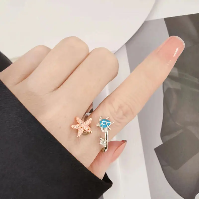 Enamel Turtle And Starfish Crystal Anxiety Relief Spinning Ring For Girl Rotating Anti Stress Fidget Ring Finger Bague Femme