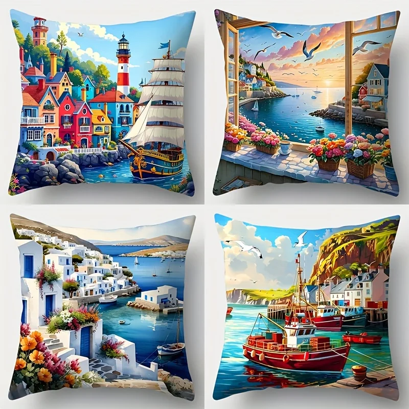 1PC 2D Flat Coastal Harbor Scene Throw Pillow Covers Nautical Mediterranean Style Home Decor Non-real Embroidery