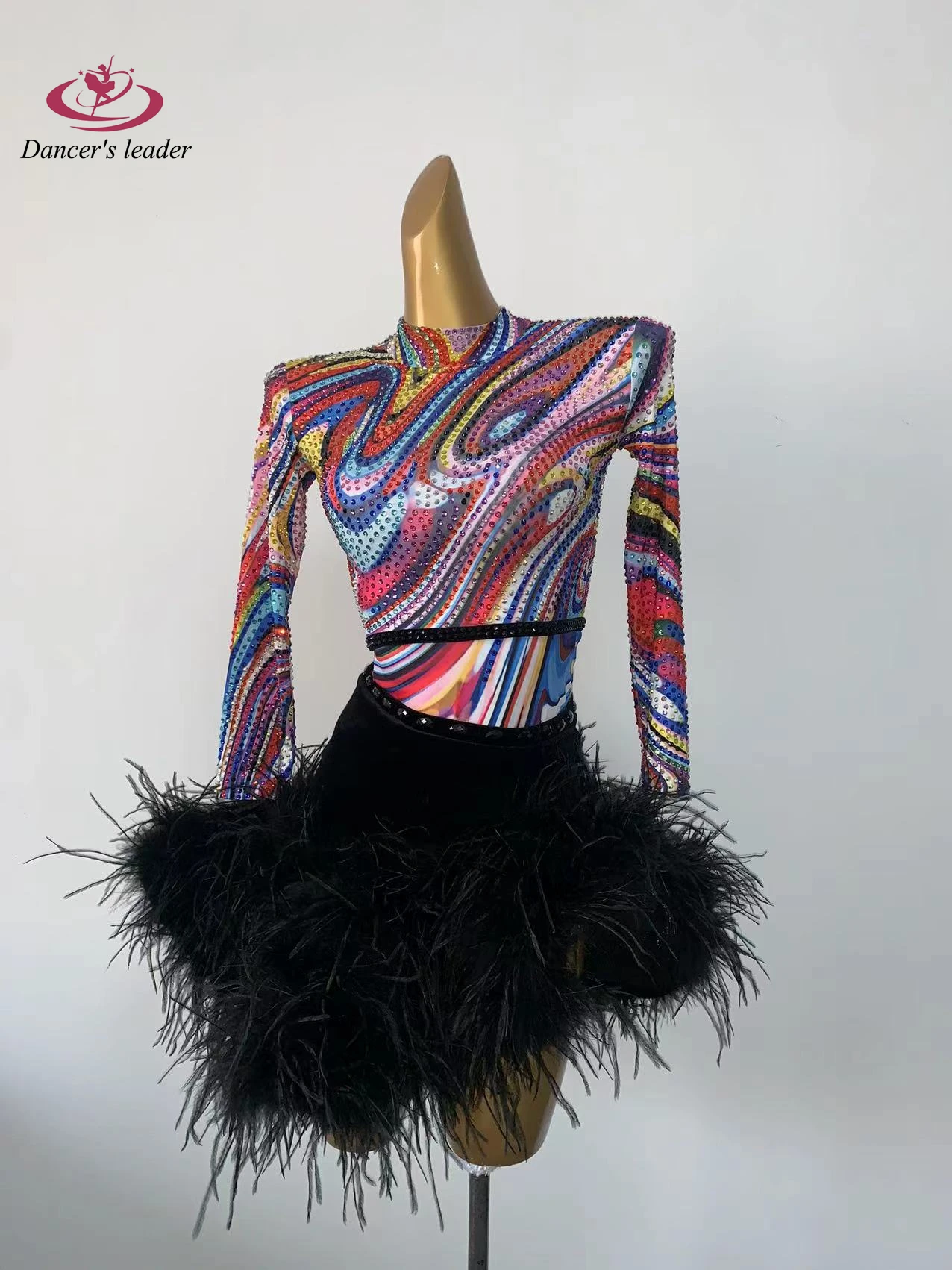 

Latin Dance Competition Women's High-end Custom Rainbow Print Fluff Tail Rhinestone Evening Dress Performance Costume dress