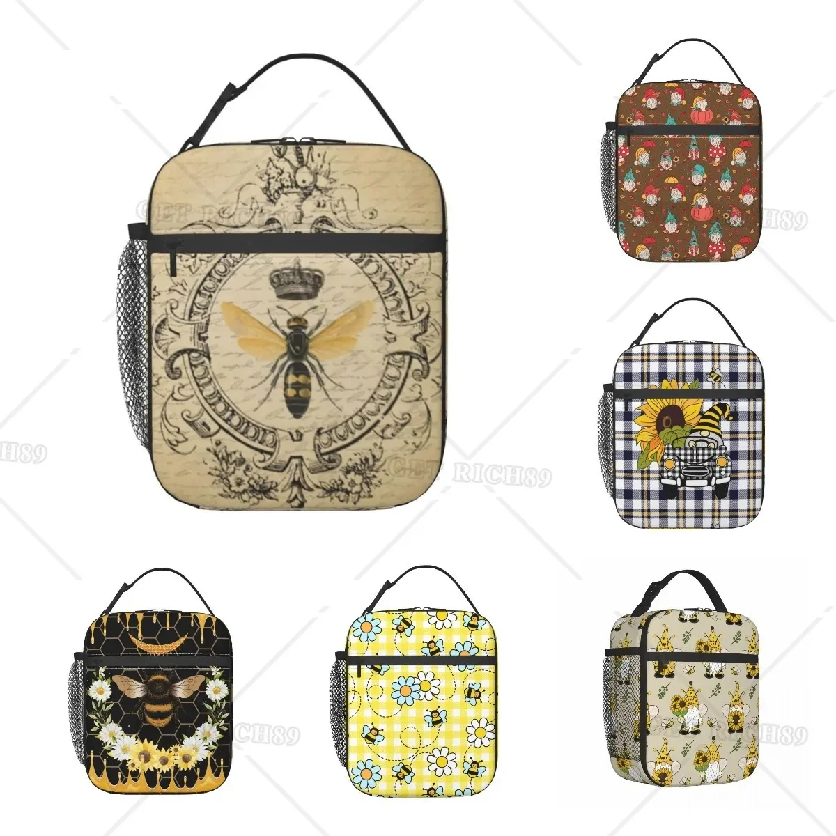 

Gnomes Bees Sunflowers Insulated Lunch Bag Cute Bee Product Storage Food Box with Pocket Thermal Cooler Lunch Box for Office