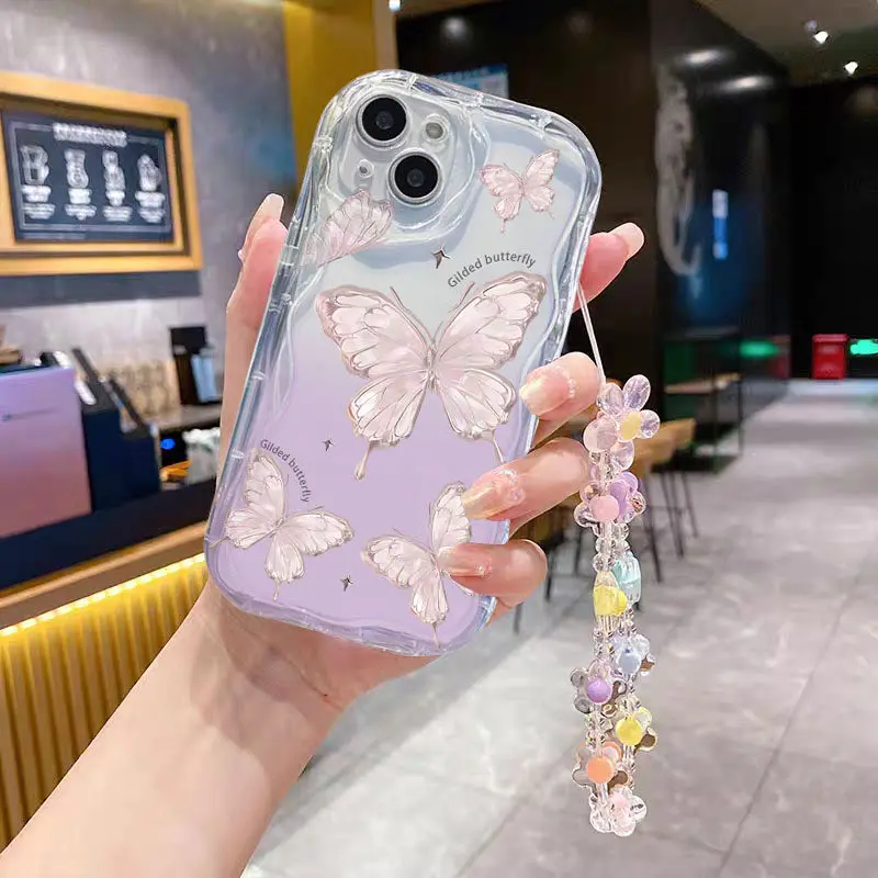Чехол-цепочка с градиентом бабочки и цветка для Xiaomi POCO X5 X3 X6 Pro C65 X4 NFC GT F3 F4 M3 M4 M6 F6 Pro 12 11 Lite 5G NE 12T 14
