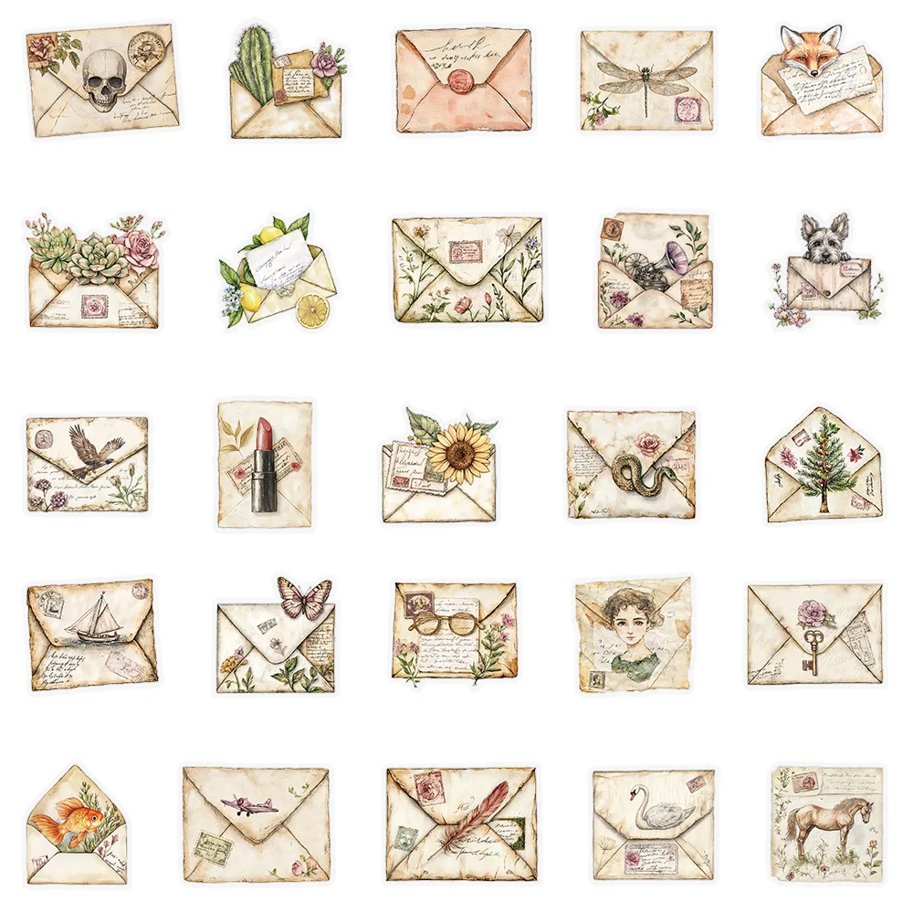 50Pcs Transparent PET Retro Envelope Stickers, Artistic & Creative Phone DIY Stationery Decoration Stickers