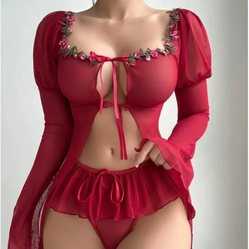 

Сексуальное женское белье Baby Dolls Сексуальная кружевная ночная рубашка с запахом на груди Выдолбленная короткая юбка Прозрачное сетчатое нижнее белье с длинными рукавами Платье
