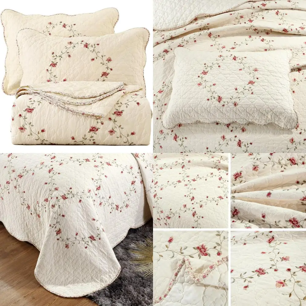 

Cotton Floral Embroidered 3-Piece Bedspread Coverlet Set, Reversible Patchwork, 1 Quilt and 2 Pillow Shams, Full/Queen Size