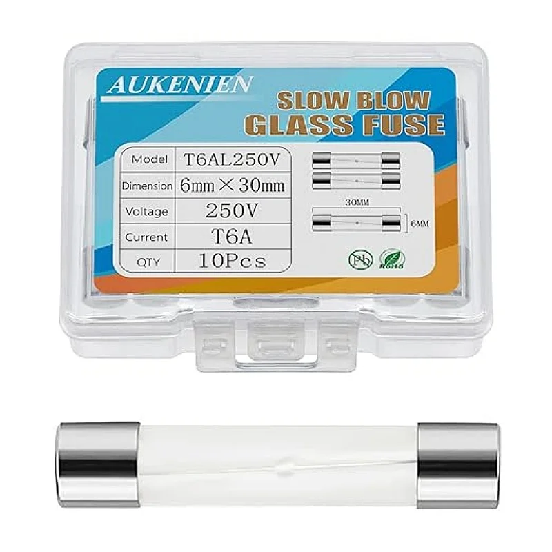 

AUKENIEN T 6A 250V Slow Blow Glass Fuses T6AL T6AL250V 6x30 MM 6 Amp 250 Volt Cartridge Tube Time Delay Fuse (Pack of 10)
