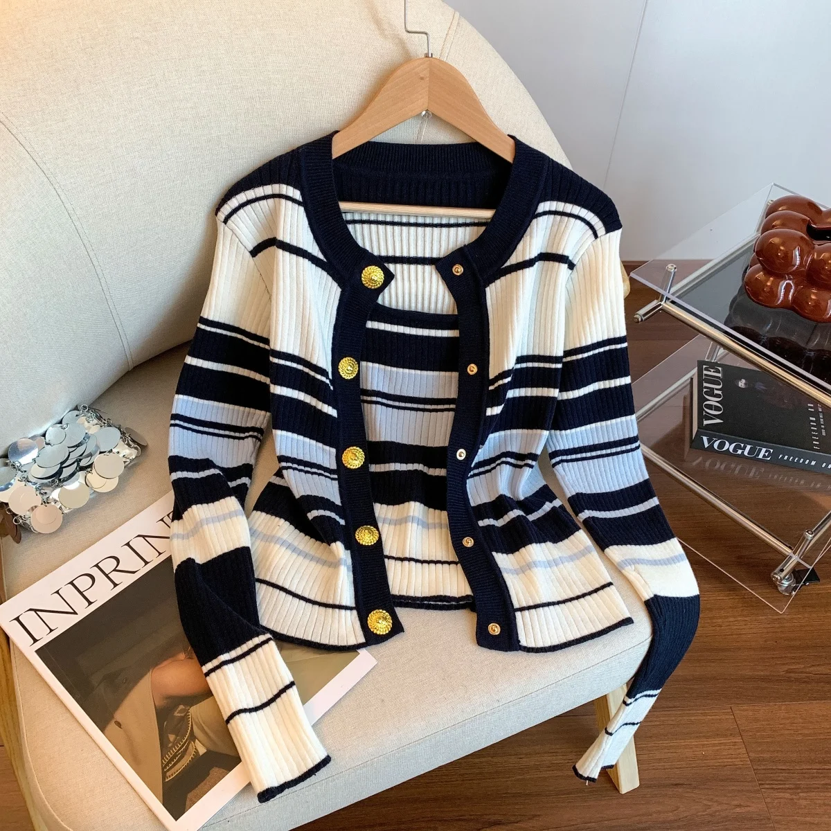 

Stylish Striped Knit Cardigan + Vests For Women Autumn Winter Single-breasted Full Sleeve Knitwear Tops Slim Chic Fashion Jumper