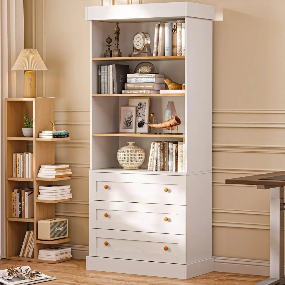 أرفف كتب المزرعة الطويلة مع أدراج، مجموعة من 2 - خزانة كتب كبيرة معيارية مع أرفف قابلة للتعديل، خزانة تخزين لـ