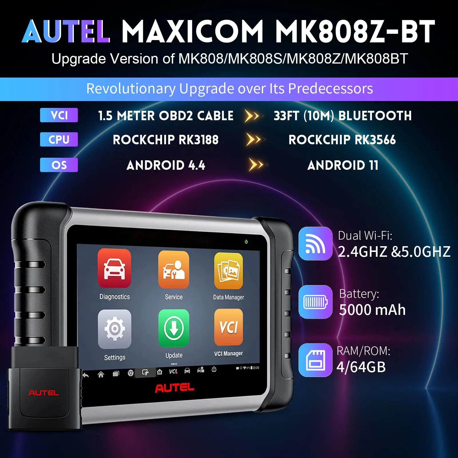 Autel MK808Z-BT OBD2 Scanner 2023 BiDirectional Control Scan 28+ Services All Systems FCA Auto Auth Automotive Diagnostic Tool