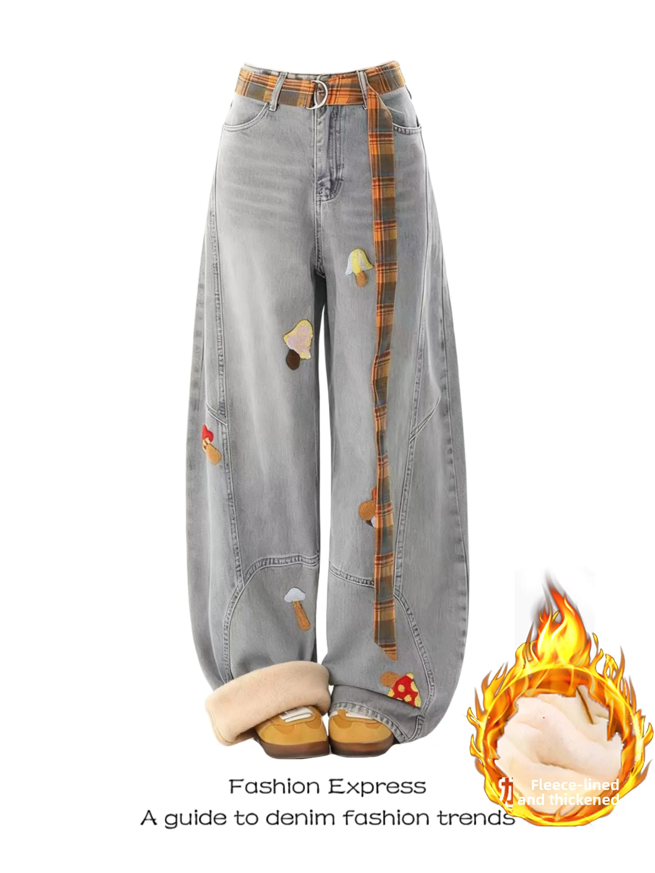 

Джинсы женские прямые свободного кроя с вышивкой, на подкладке, из денима, с высокой талией, широкие штанины, новинка 2025 года, трендовые зимние брюки