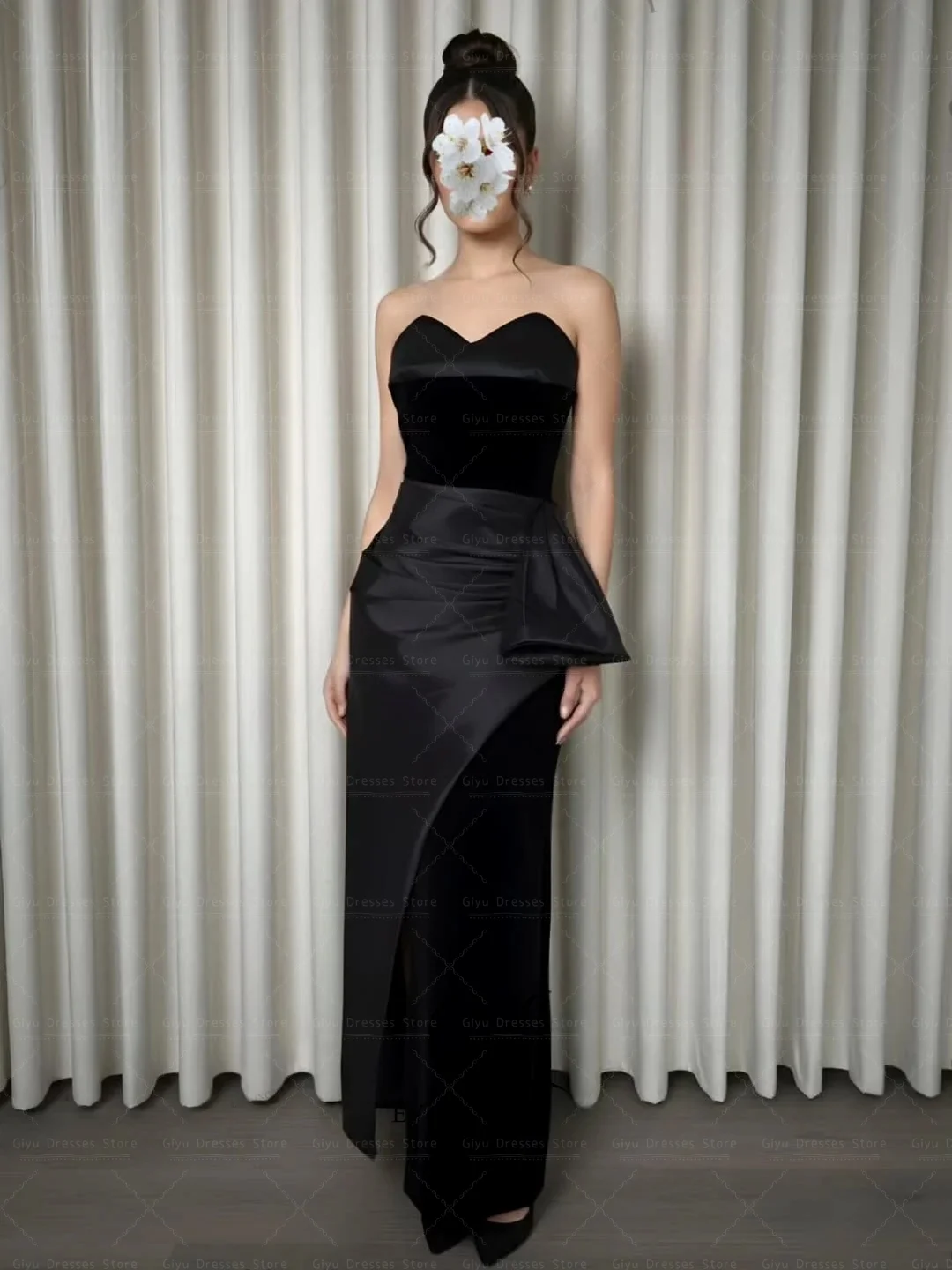 Giyu Customized Straight Black Prom Gown Strapless Side Slit Evening Gown Floor-Length Patchwork Women Party Gown for Banquet