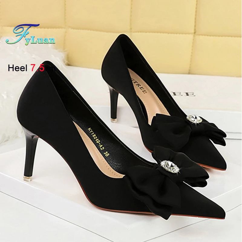 

Женские туфли-лодочки с неглубоким носком, 7,5 см, 10,5 см, туфли на шпильке с бантом и стразами, украшенные пряжкой, модные женские туфли для выпускного вечера с острым носком
