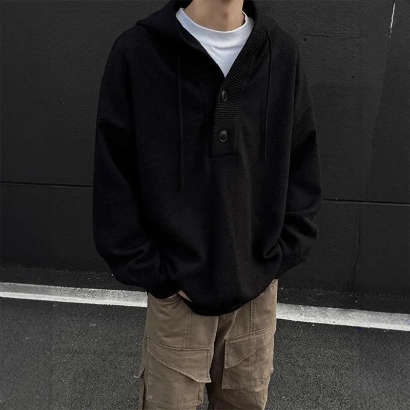 Grijze Amerikaanse retro gebreide trui met capuchon voor heren Winter dikke luie stijl trui Zwaargewicht binnenslaag sweatshirtjack