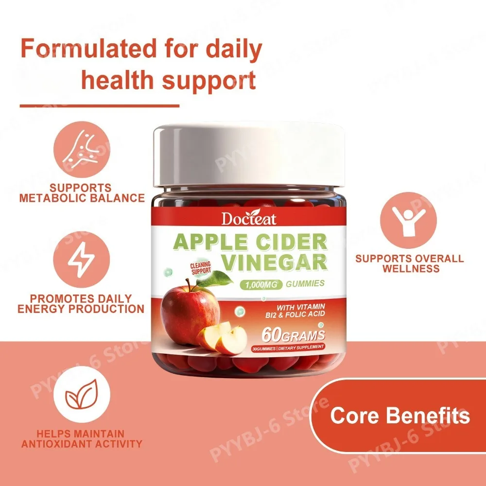 Apple Cider Vinegar Gummies 1000mg with B6 B12 Folic Acid Digestive Energy Antioxidant Support Pectin Chewable Supplement 30pcs