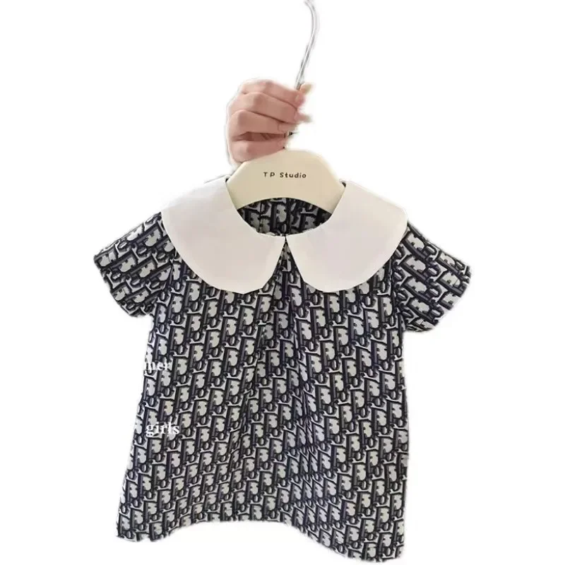 فستان الأميرة للفتيات صيف 2025 نمط جديد بياقة الدمية وأكمام قصيرة وياقة مقلوبة فستان طفلة تنورة لباس غير رسمي