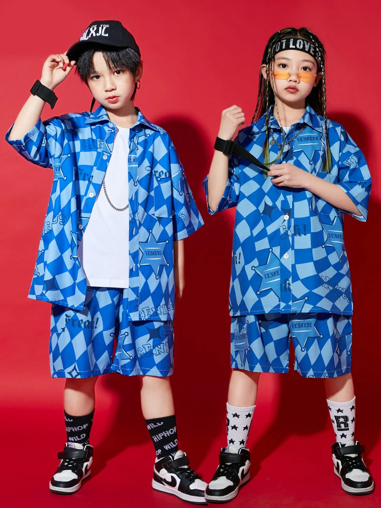 Kinder Blau Plaid Straße Dance Performance Bühne Kostüm Rave Festival Kleidung Sommer Lose Hemd Kurze Jazz Dancewear YS3684