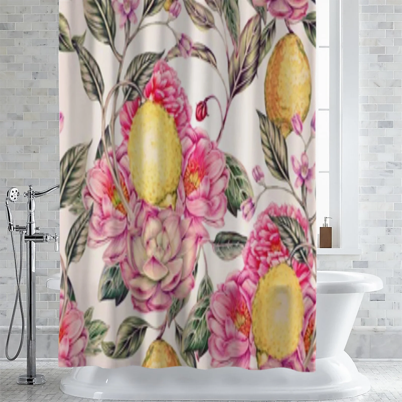 Fruit Lemon Blooming Flowers Peonies Shower Curtain Waterproof Polyester Bath Curtain Home Decoration Bathroom Accessory Curtain