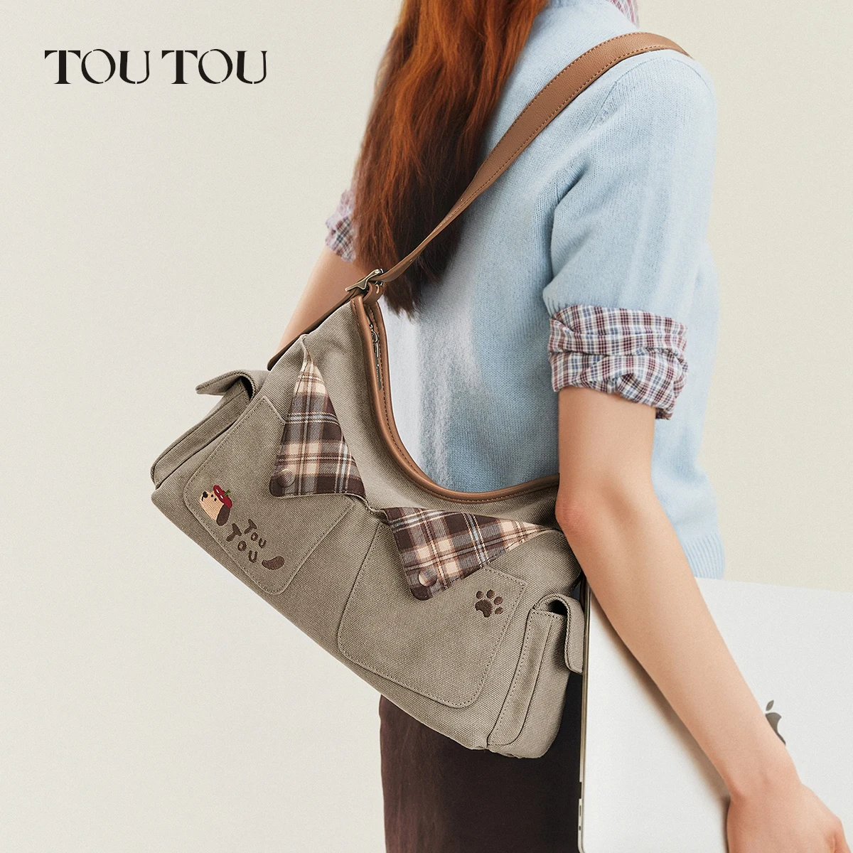toutou Rousson Dog Canvas Hobo Bag for Women Cute Plaid Embroidery Shoulder Bag Multi-pocket Adjustable Commuting Tote for Gift