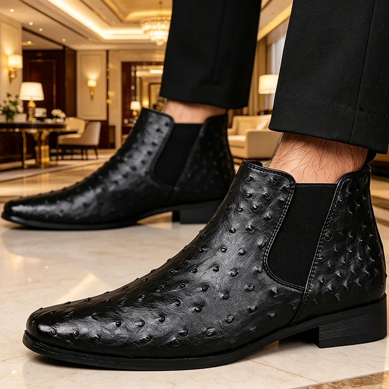 Men Chelsea Boots Imitation Ostrich Pattern Leather Pointed Toe Rubber Ankle Shoes Business Formal Wear Casual Shoes Men view 6