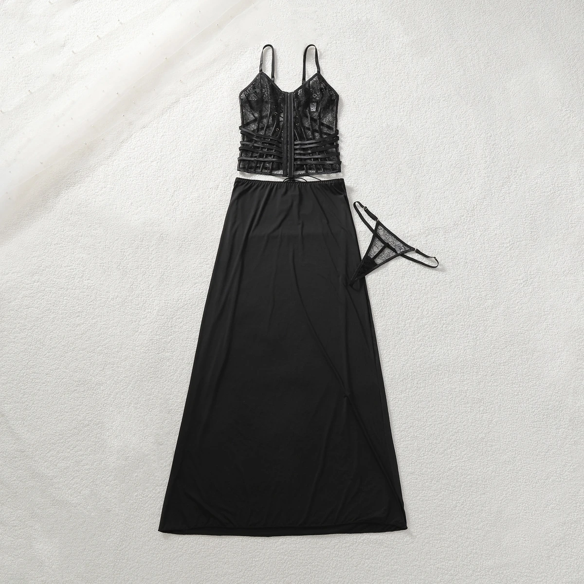Sexy Lace Harness Underwear Lingerie Set Ladies Zip Front Corset Crop Top High Waist Flowy Maxi Skirt and Thong Sleep Suit