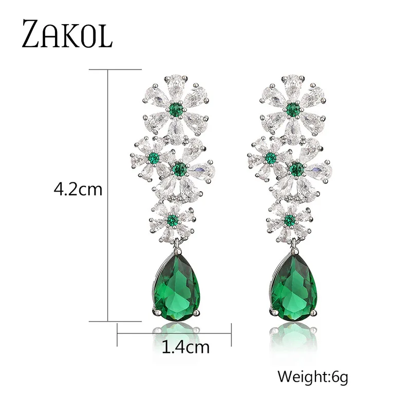 ZAKOL Vintage Luxury Green CZ Water Drop Flower Dangle Earrings Elegant Glamour Bridal Wedding Party Jewelry for Women EP5241