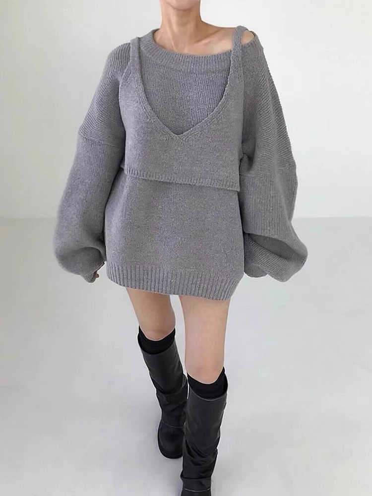 Clothland Donna Dolce Maglia Maglione Abito Manica Lunga Due Pezzi Set Con Camis Chic Mini Abiti Allentati Vestido QE249