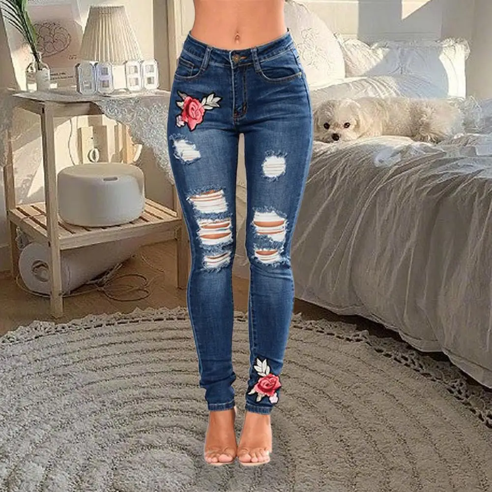 Women Ripped Hole Jeans Spring High Waist Stretch Skinny Butt Lifting Distressed Denim Female Pencil Pants Slim Trousers