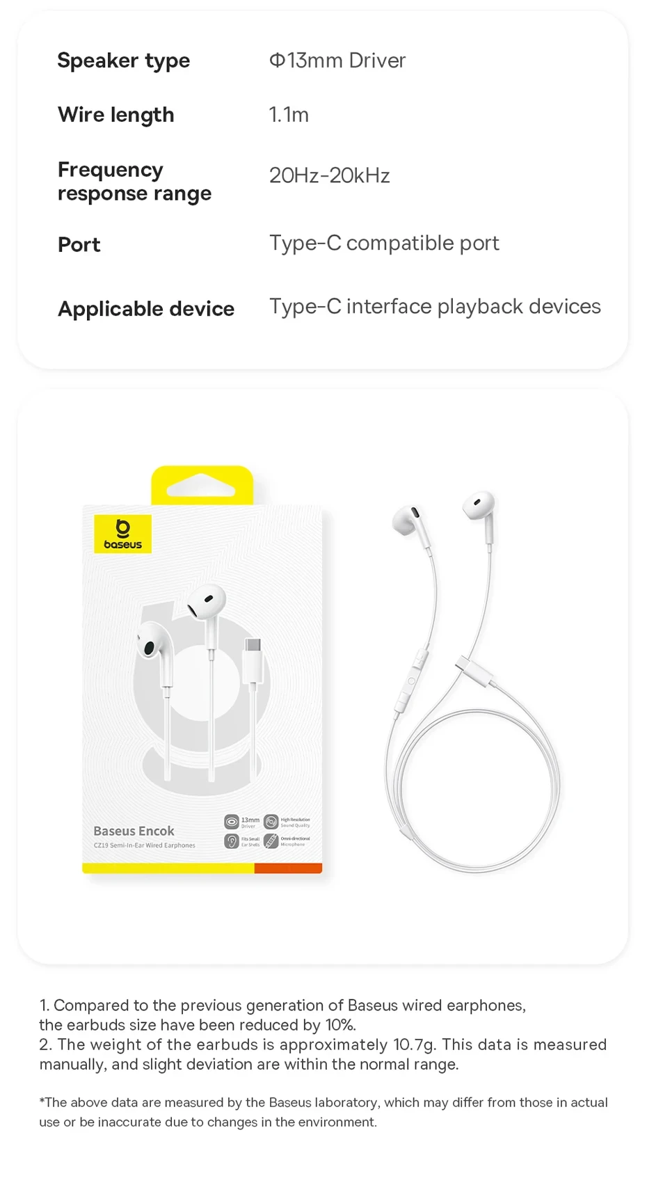 Auriculares con cable Baseus Encok CZ19 semi-in-ear tipo C con micrófono para IOS, Mac, Xiaomi, Samsung, HUAWEI, computa