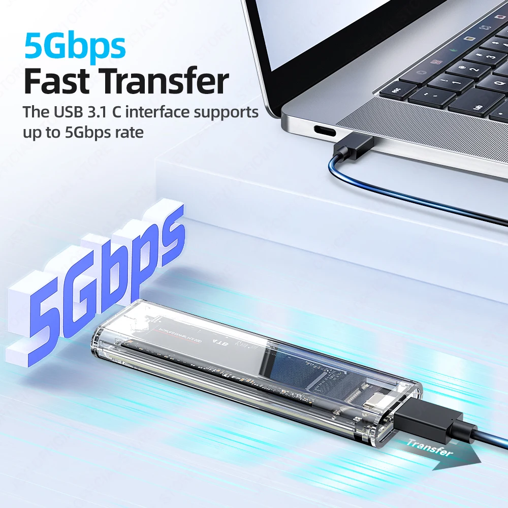 JEYI Transparent USB 3.1(6Gbps Fast Transfer)Cinterface supports M.2 SATA Case - Tool-Free External Enclosure for 2230-2280 SSD