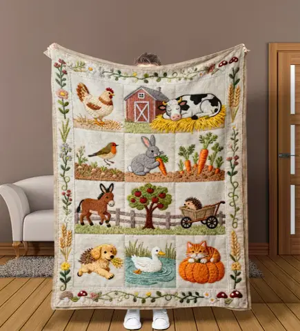 A Patchwork Blanket Featuring Farm Animals Such Cows, Rabbits, And Donkeys, Along with Barn Elements. This Soft And Cozy Blanket