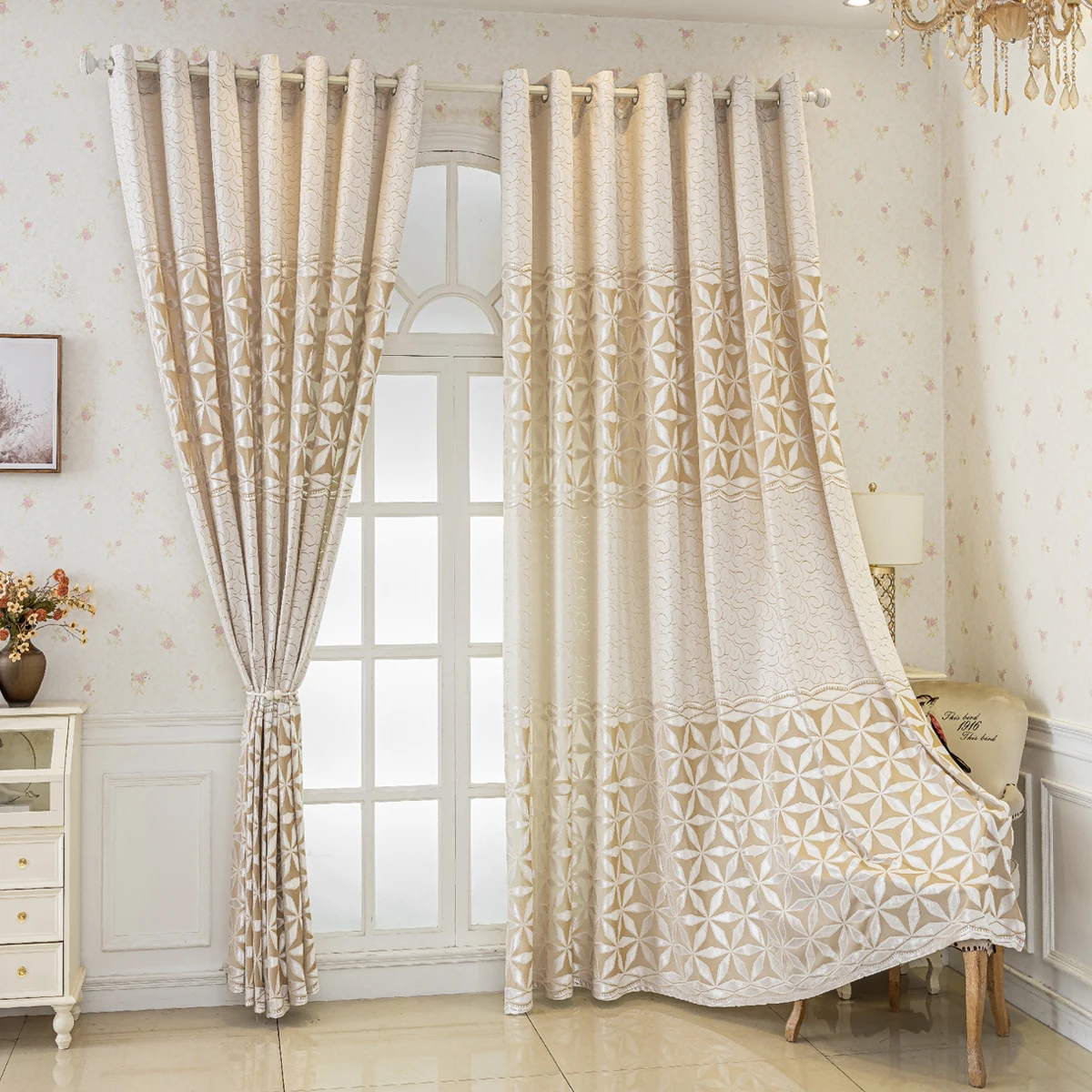 1-Piece Beige Geometric Velvet Embroidered Perforated Curtain for Living Room and Bedroom, Rod Pocket Hanging Method, Non-Bleachable Plain Weave, Bedroom Art Theme, Soft and Comfortable, Energy-Saving, Noise-Reducing - Perfect for Deep Sleep in Bedrooms, Farmhouses, and Schools